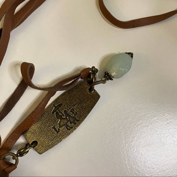 WANDERER Adjustable Tie Choker Necklace, Bronze, Brown Leather, Blue Stone - Picture 5 of 6